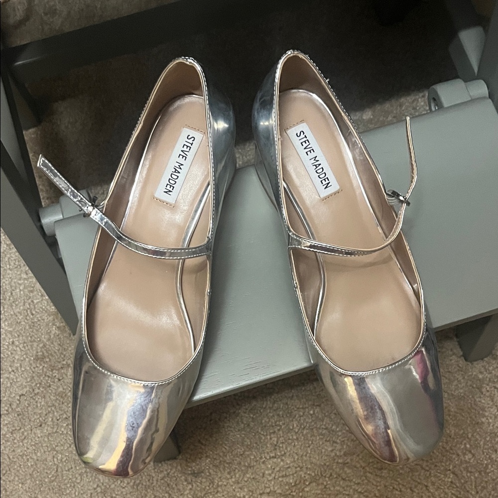 Steve Madden Silver Mary Jane Block Heels with Ankle Strap